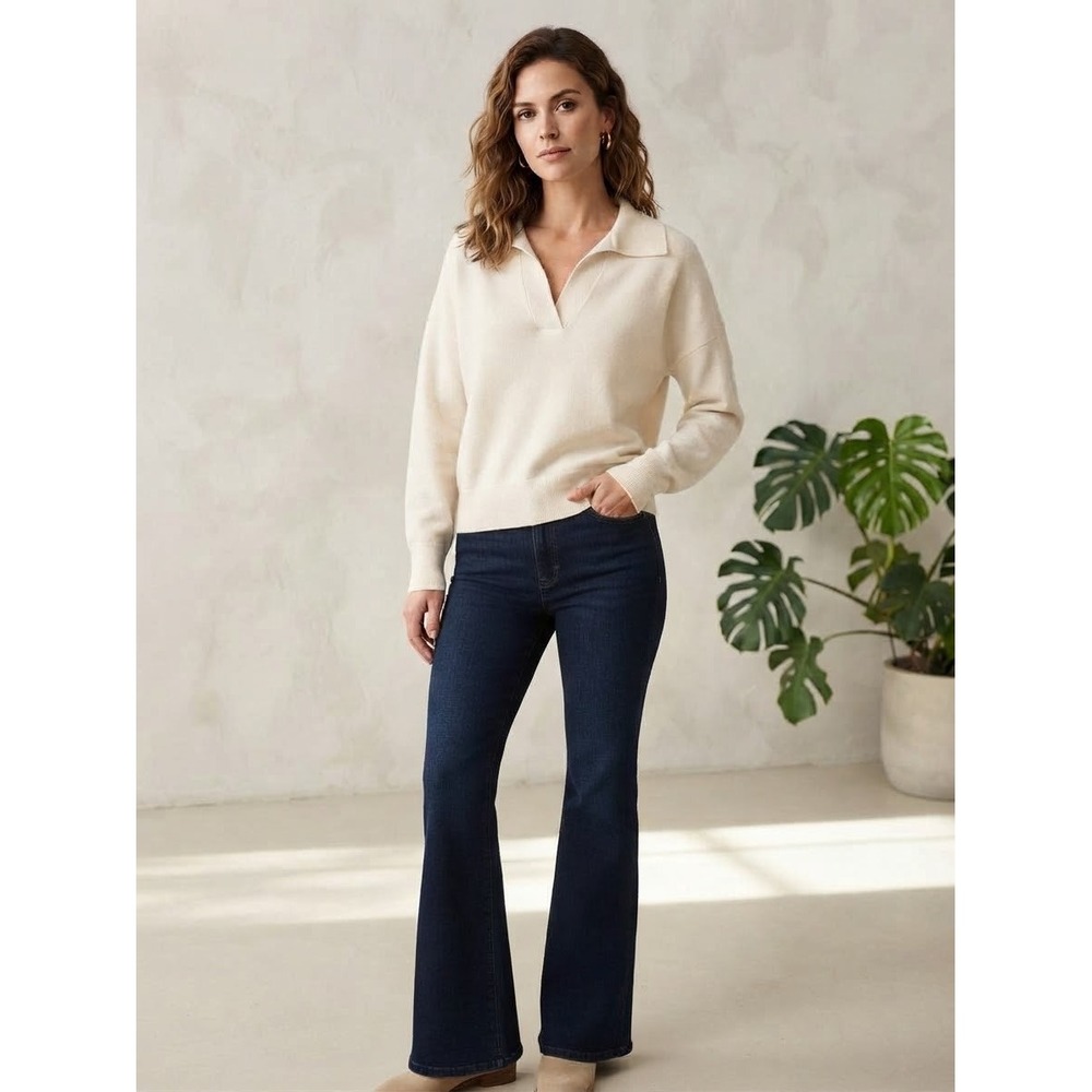 Wilfred Aritzia Merino Wool Polo Sweater Cream V-Neck Long Sleeve L Classic Chic